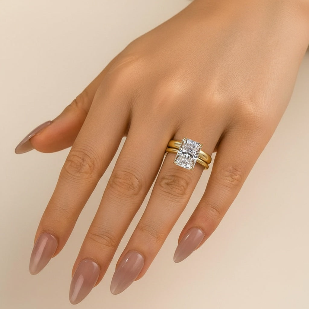 Aurevyn 4.5 Ct Radiant Cut Yellow Gold Wedding Ring Set with Wide Band