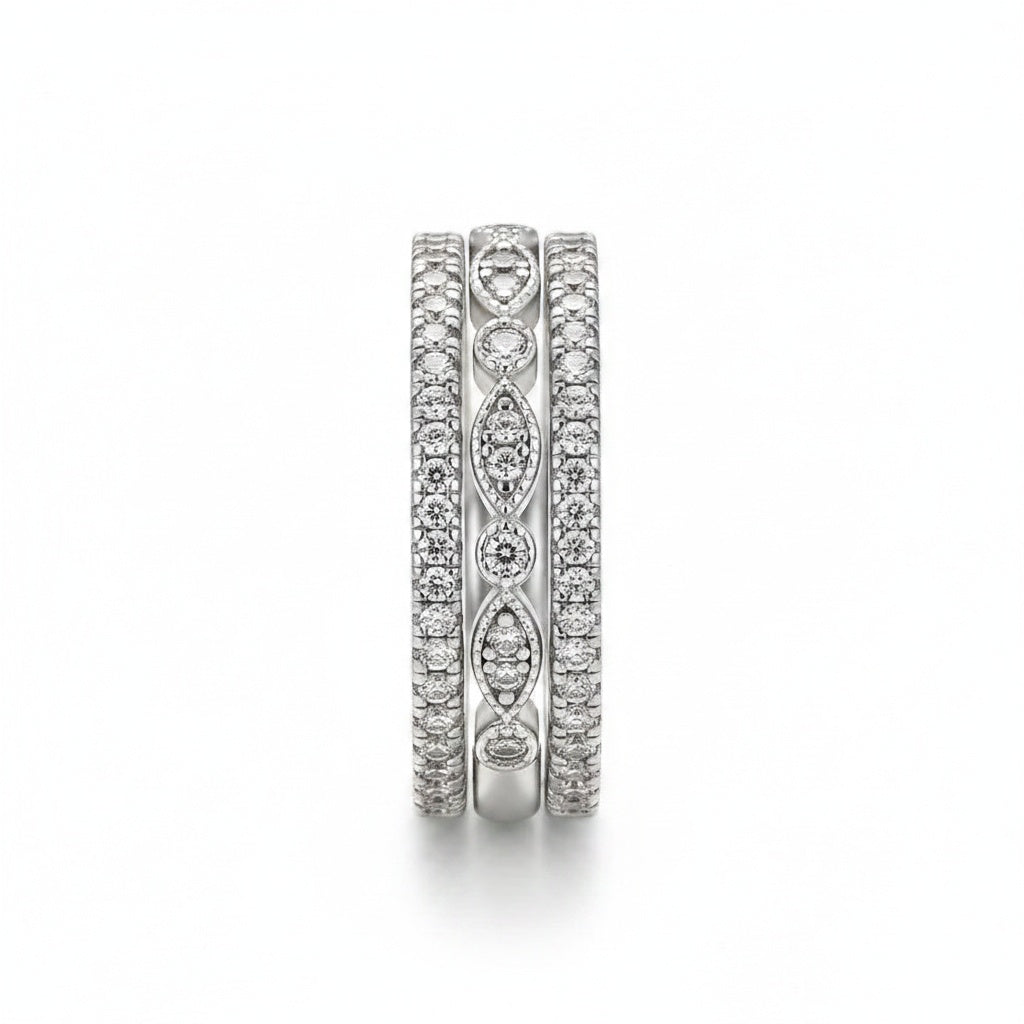 Aurevyn Eternity 3PCS Stacking Moissanite Wedding Band Set In White Gold Plated