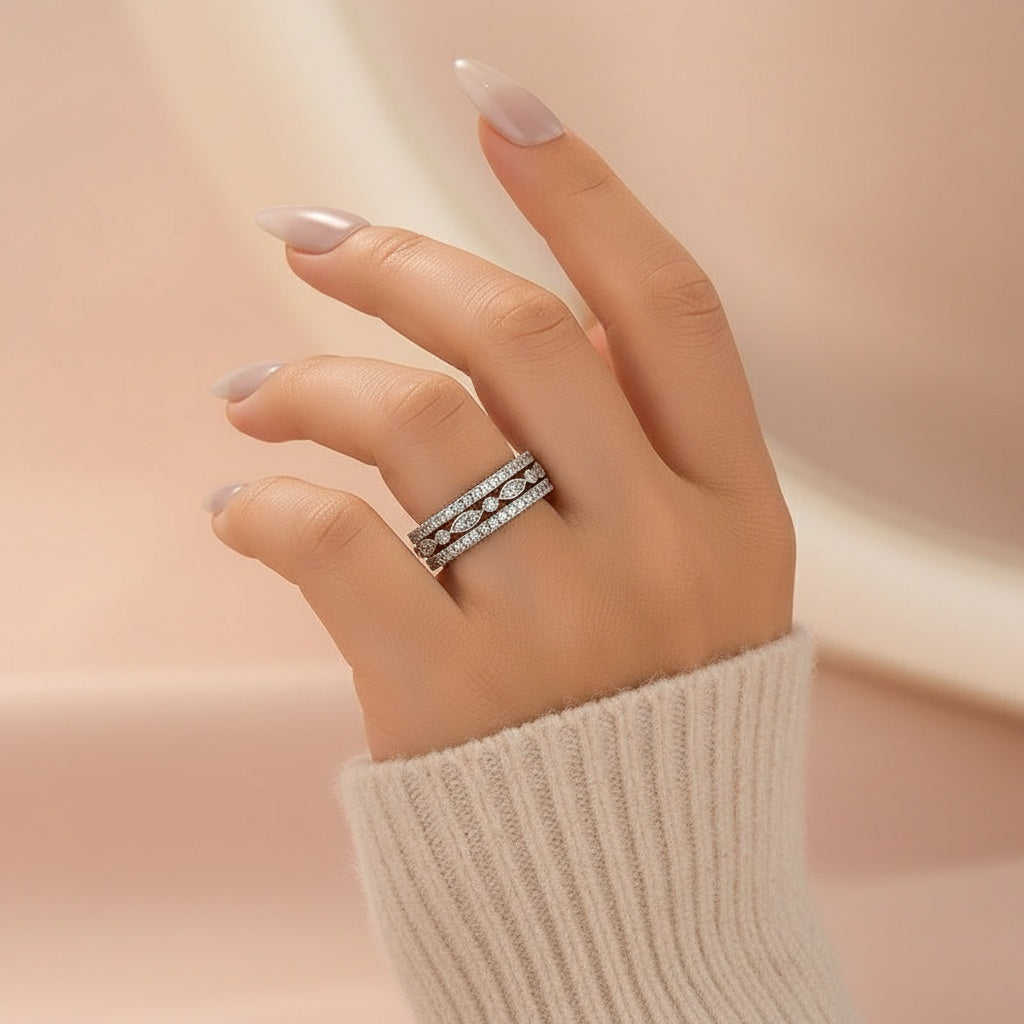 Aurevyn Eternity 3PCS Stacking Moissanite Wedding Band Set In White Gold Plated