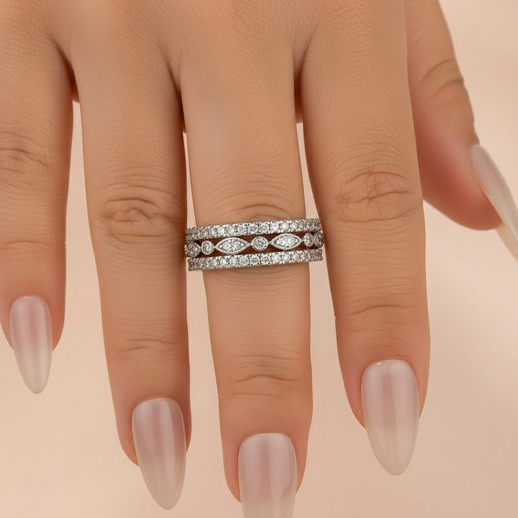 Aurevyn Eternity 3PCS Stacking Moissanite Wedding Band Set In White Gold Plated