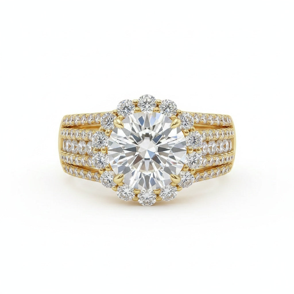 Aurevyn Halo Split Shank 4.0Ct Round Cut Yellow Gold Moissanite Engagement Ring