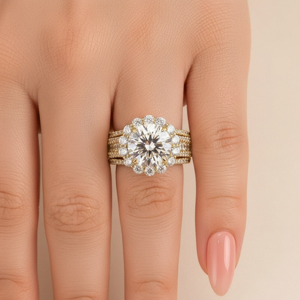 Aurevyn Halo Split Shank 4.0Ct Round Cut Yellow Gold Moissanite Engagement Ring