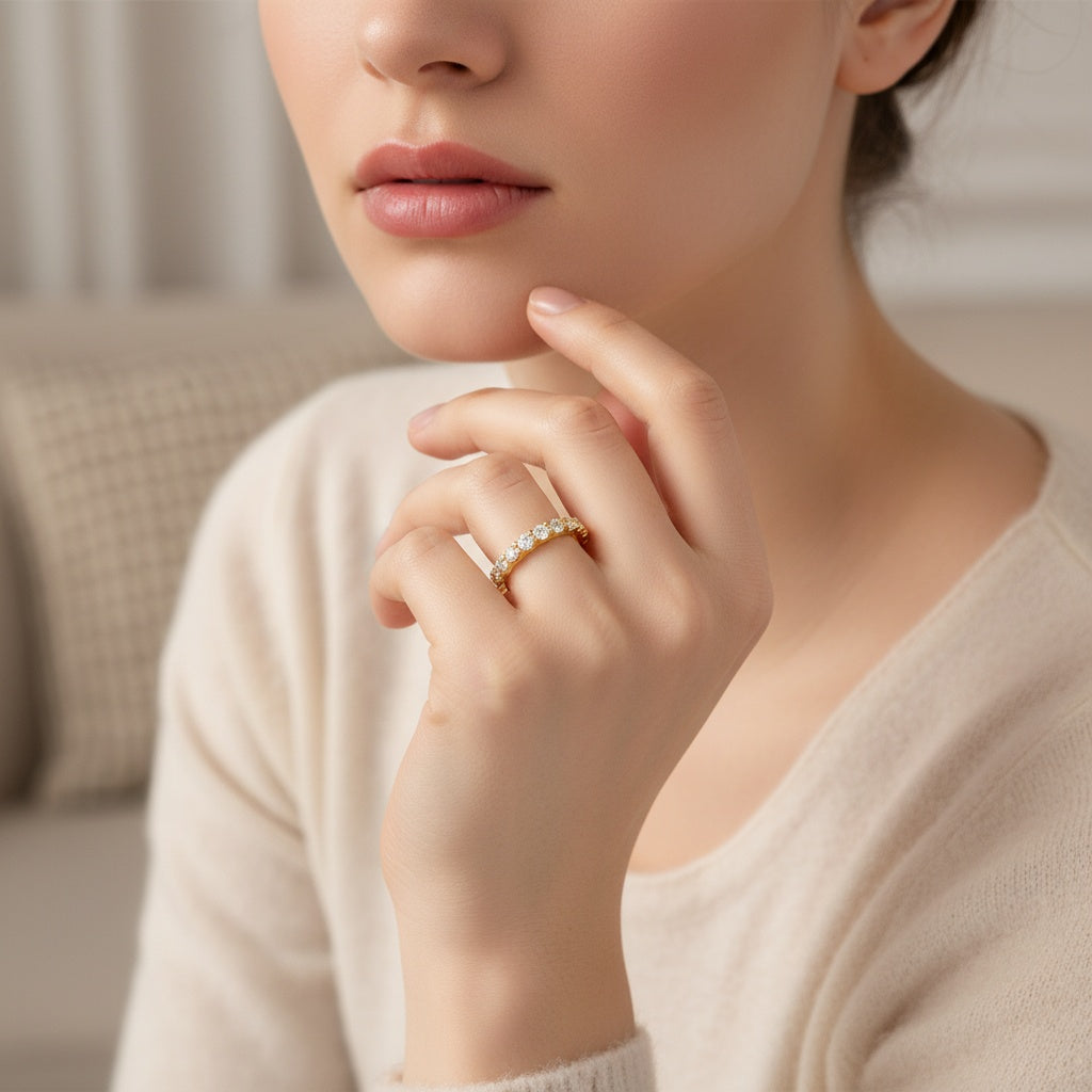 Aurevyn Moissanite 0.6Ct Classic Round Cut Half Yellow Gold Wedding Band In Sterling Silver