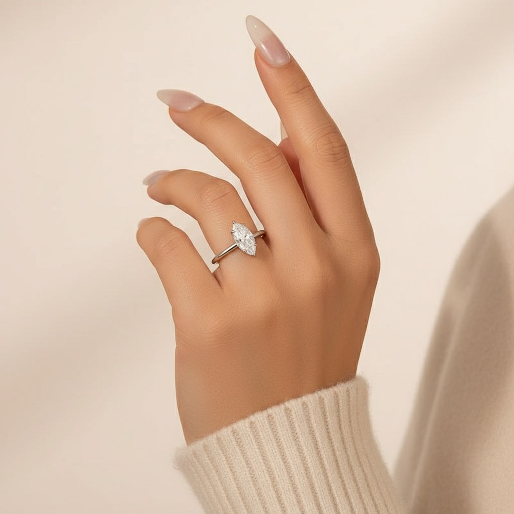 Aurevyn Moissanite 1.0 Ct/2.0 Ct/3.0Ct Marquise Cut Solitaire White Gold Promise Ring For Women