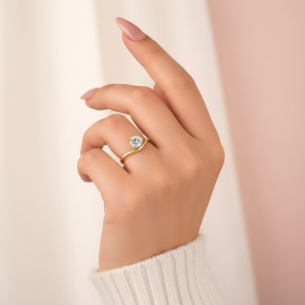 Aurevyn Moissanite 1.0Ct Round Cut Yellow Gold Curved Band Promise Ring