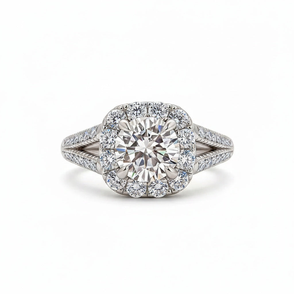 Aurevyn Moissanite 1.2Ct Halo Round Cut Split Shank White Gold Promise Ring For Women