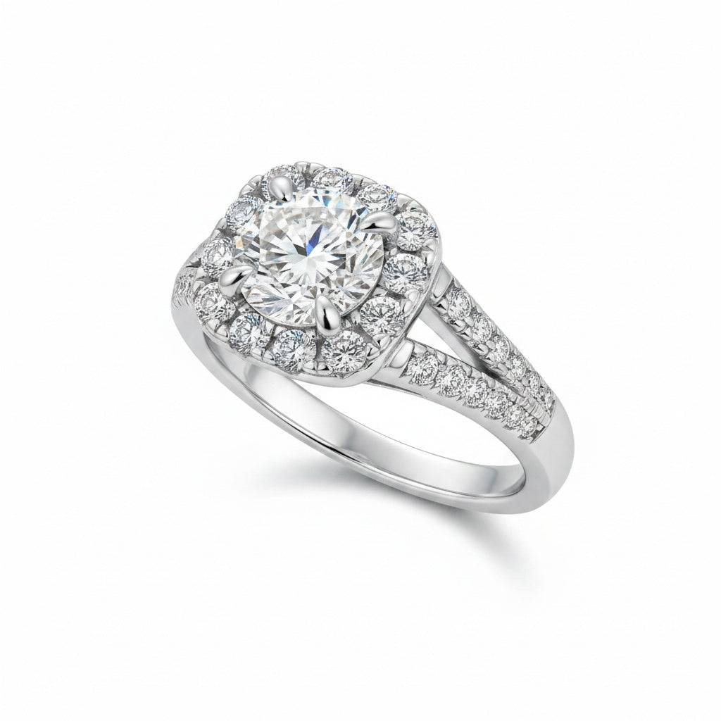 Aurevyn Moissanite 1.2Ct Halo Round Cut Split Shank White Gold Promise Ring For Women
