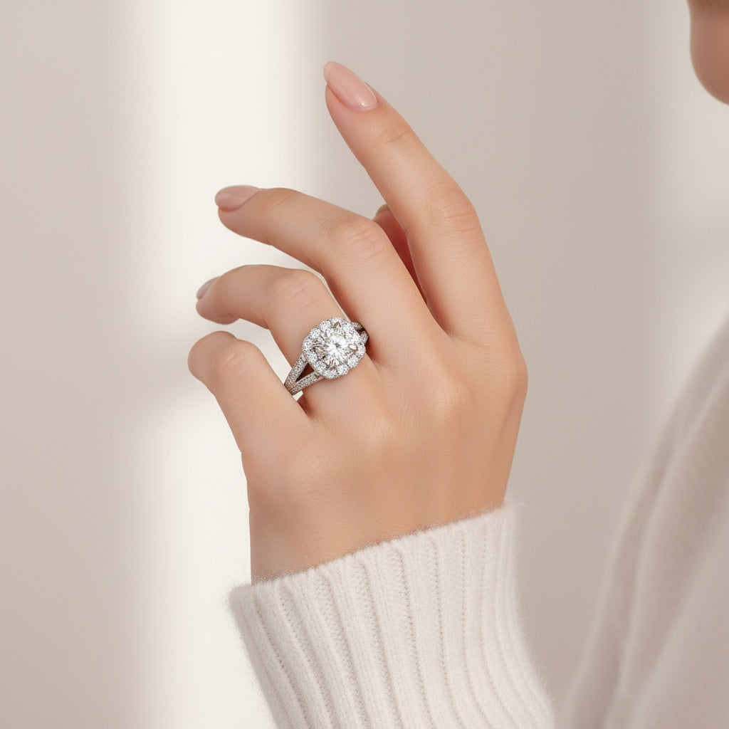 Aurevyn Moissanite 1.2Ct Halo Round Cut Split Shank White Gold Promise Ring For Women