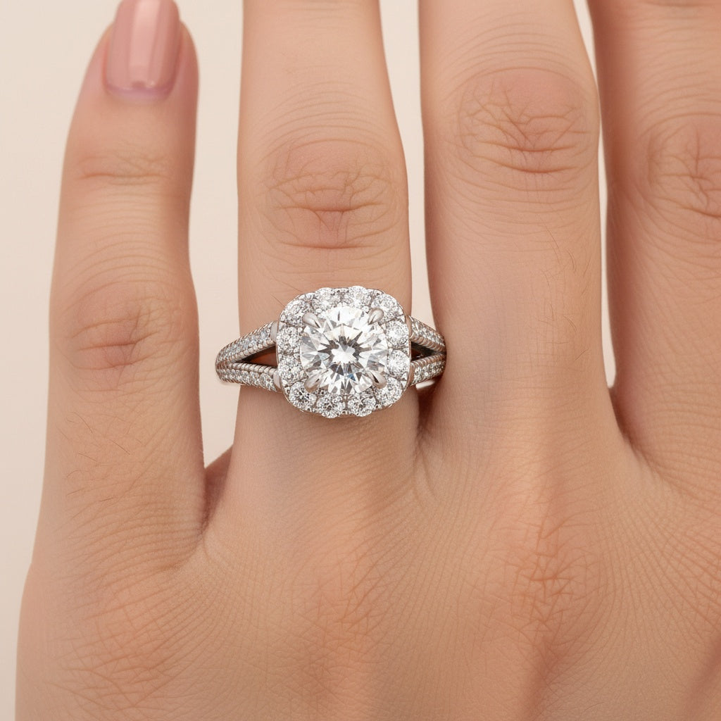 Aurevyn Moissanite 1.2Ct Halo Round Cut Split Shank White Gold Promise Ring For Women