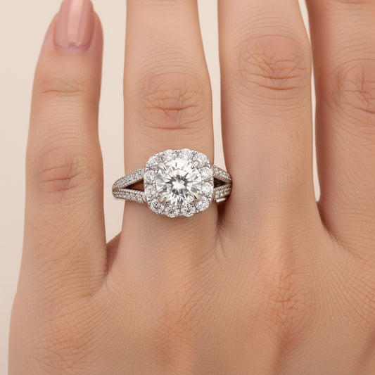 Aurevyn Moissanite 1.2Ct Halo Round Cut Split Shank White Gold Promise Ring For Women