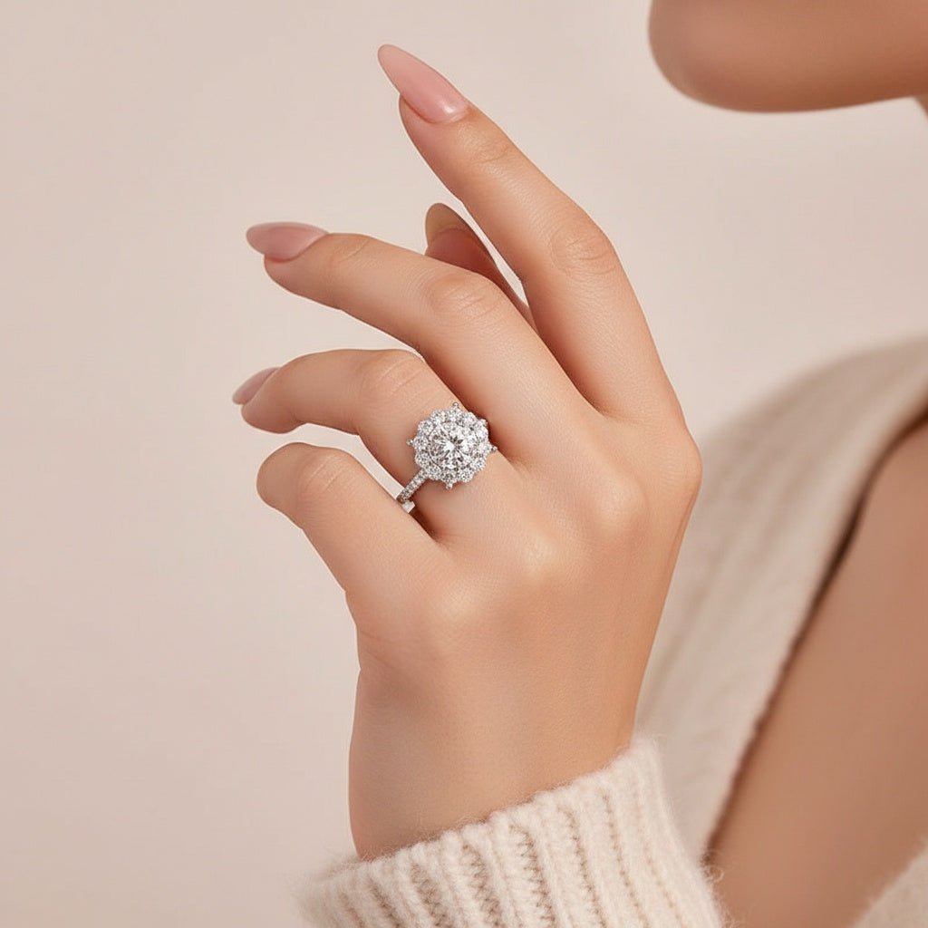 Aurevyn Moissanite 1.2Ct Halo Round Cut White Gold Engagement Ring
