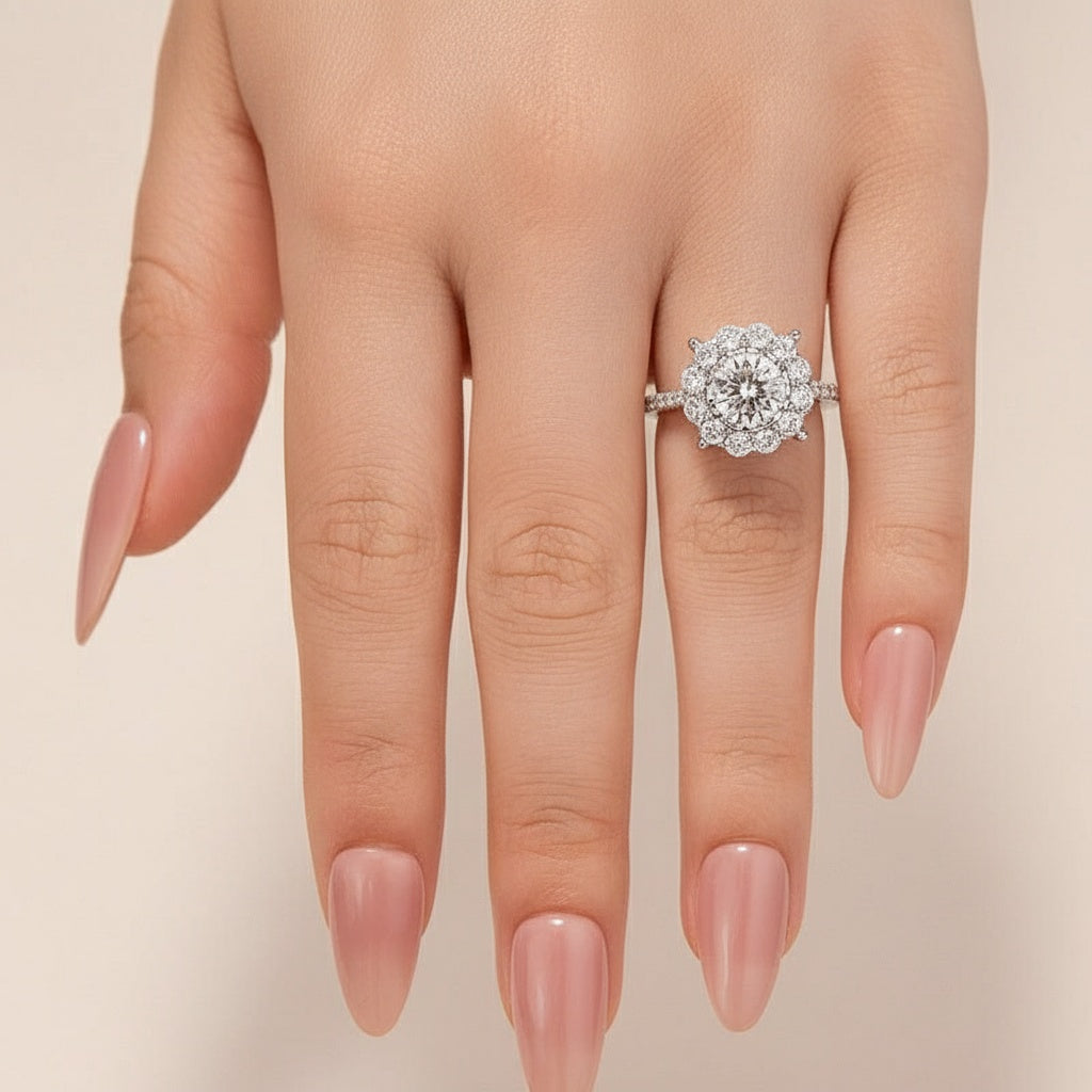 Aurevyn Moissanite 1.2Ct Halo Round Cut White Gold Engagement Ring