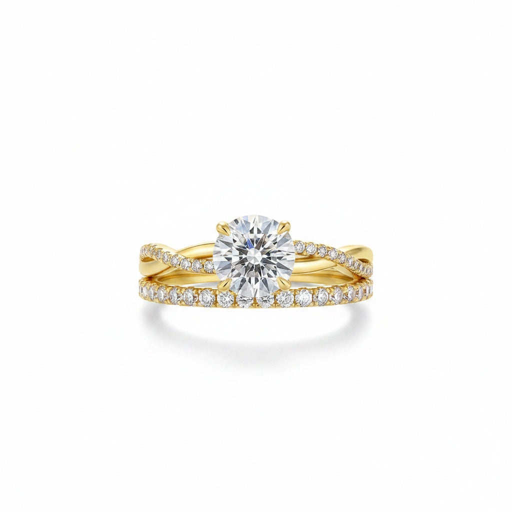 Aurevyn Moissanite 1.2Ct/2.0 Ct Twist Round Cut Yellow Gold Pave Promise Bridal Ring With Wedding Band