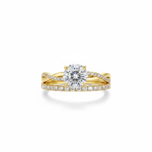 Aurevyn Moissanite 1.2Ct/2.0 Ct Twist Round Cut Yellow Gold Pave Promise Bridal Ring With Wedding Band