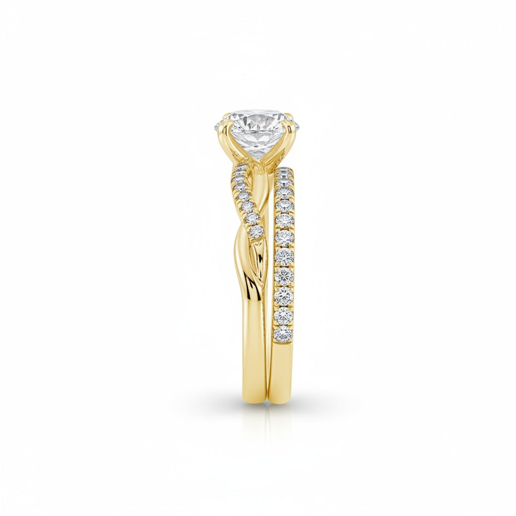 Aurevyn Moissanite 1.2Ct/2.0 Ct Twist Round Cut Yellow Gold Pave Promise Bridal Ring With Wedding Band