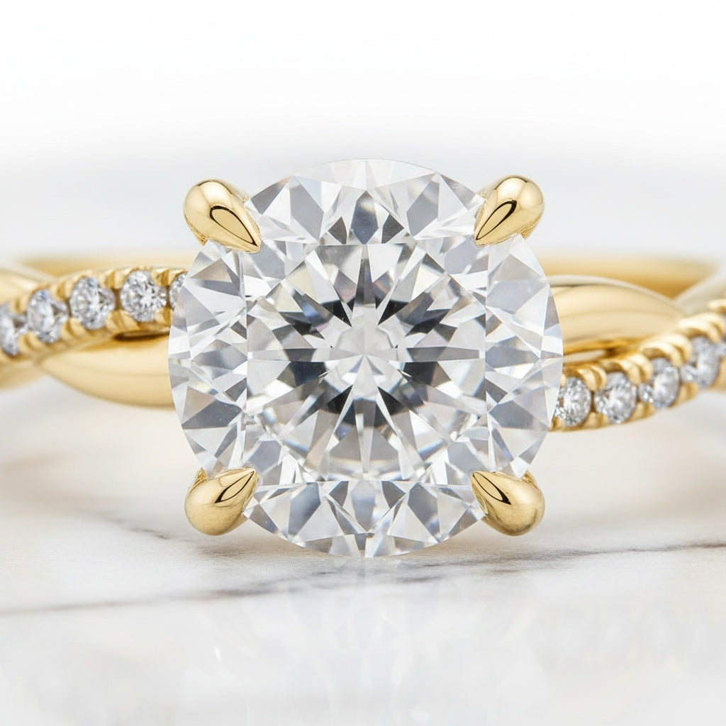 Aurevyn Moissanite 1.2Ct/2.0 Ct Twist Round Cut Yellow Gold Pave Promise Bridal Ring With Wedding Band