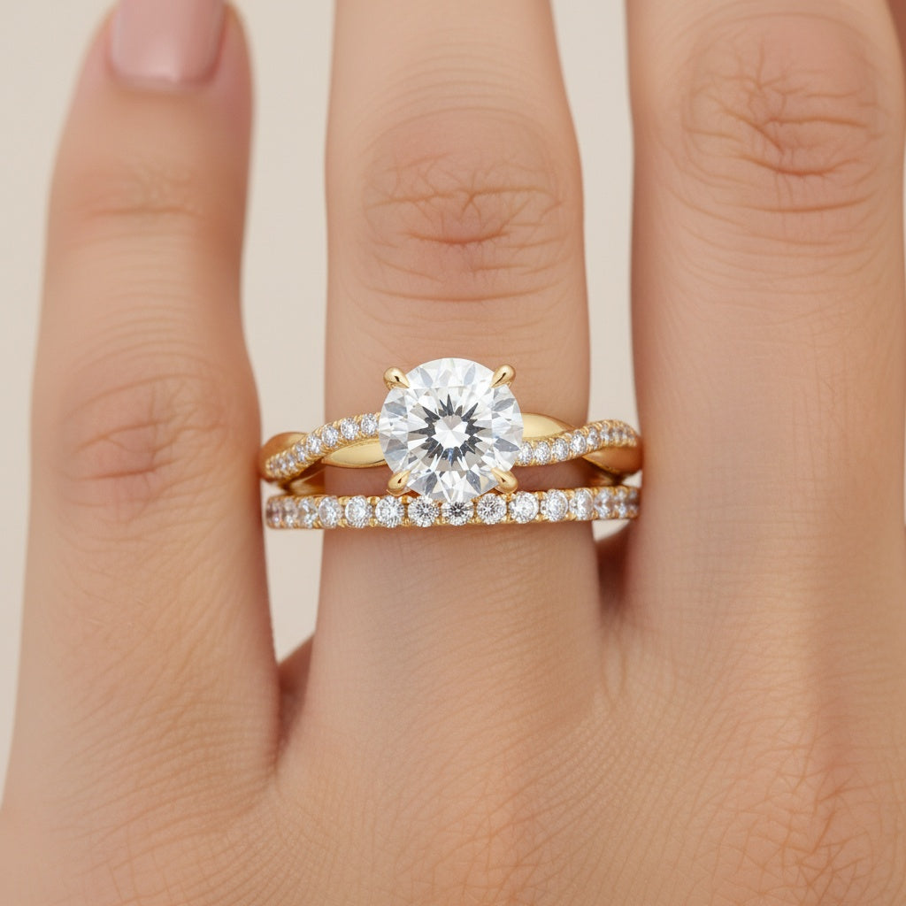 Aurevyn Moissanite 1.2Ct/2.0 Ct Twist Round Cut Yellow Gold Pave Promise Bridal Ring With Wedding Band