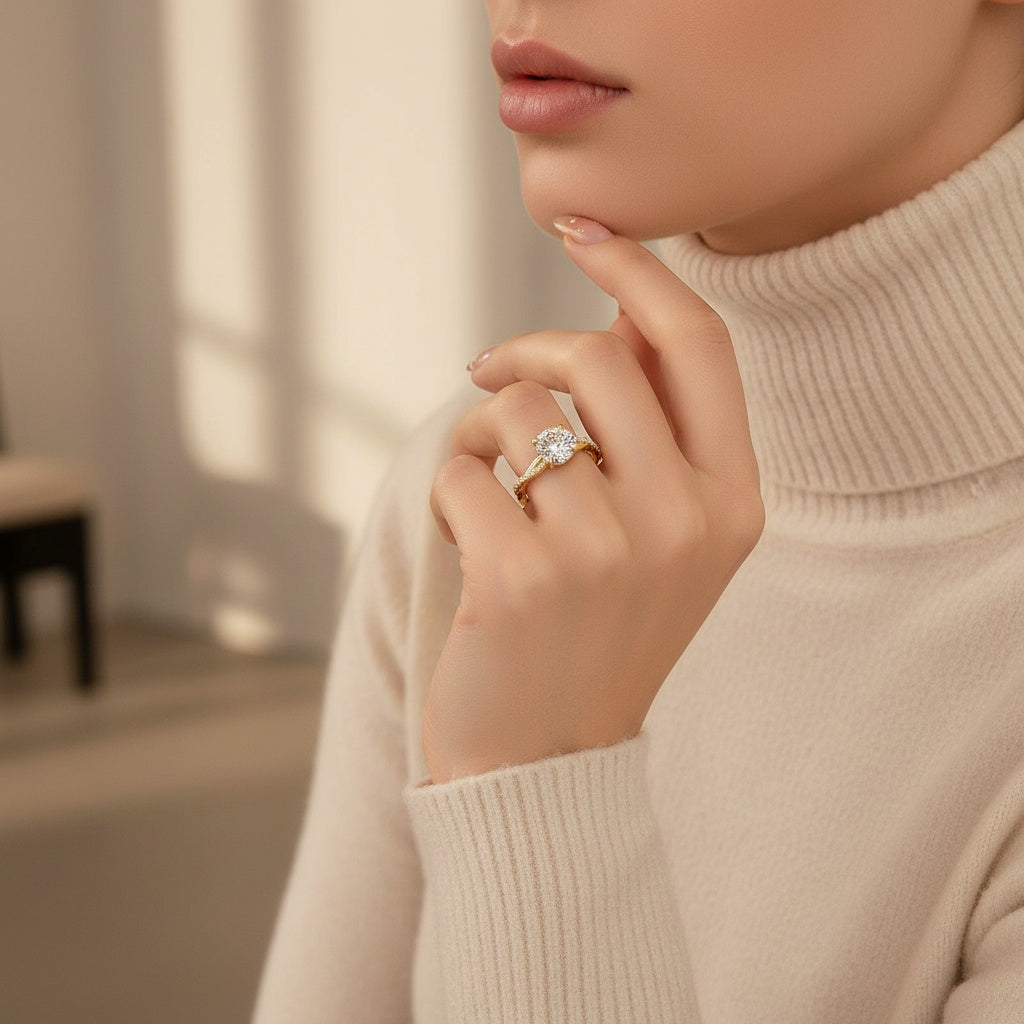 Aurevyn Moissanite 1.2Ct/2.0 Ct Twist Round Cut Yellow Gold Pave Promise Bridal Ring With Wedding Band