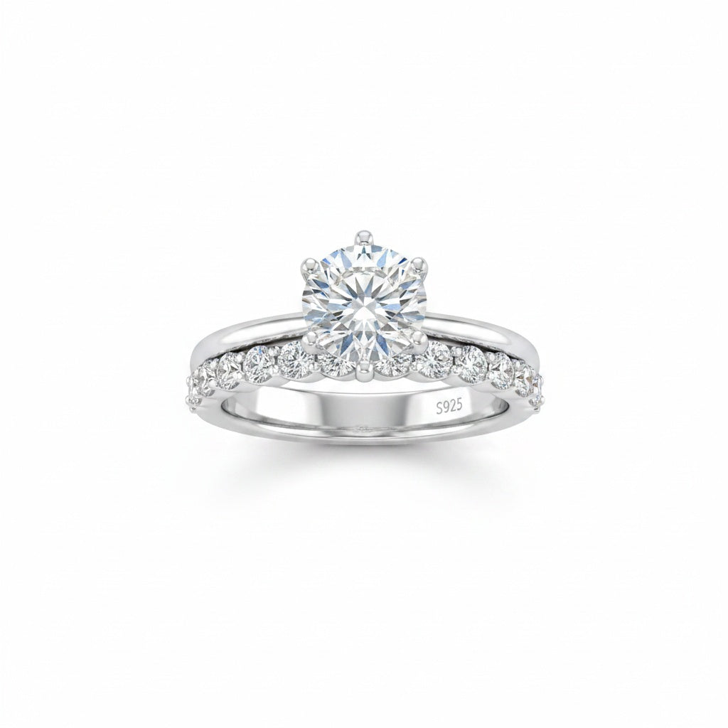 Aurevyn Moissanite 2.0 Ct ~3.0 Ct Round Cut 6 Prong White Gold Engagement Ring with Round Cut White Gold Women's Wedding Band