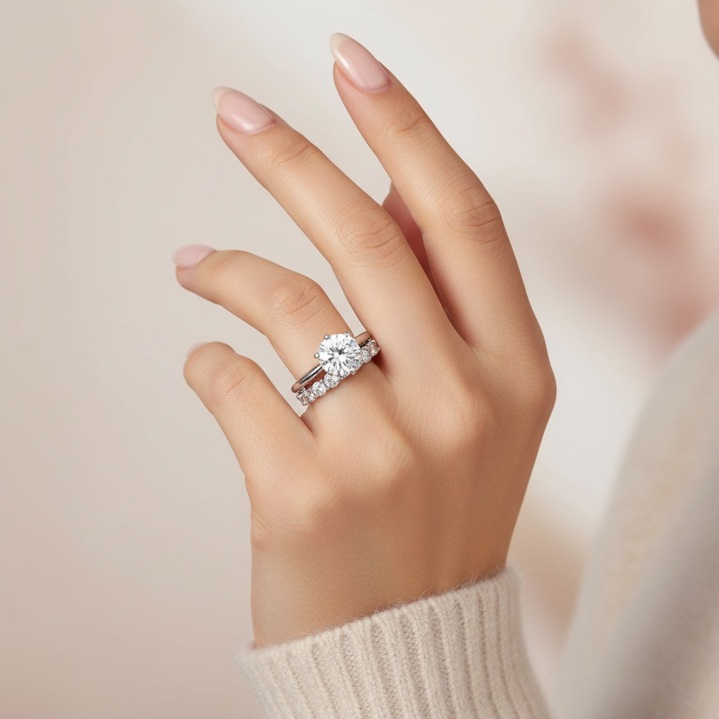 Aurevyn Moissanite 2.0 Ct ~3.0 Ct Round Cut 6 Prong White Gold Engagement Ring with Round Cut White Gold Women's Wedding Band