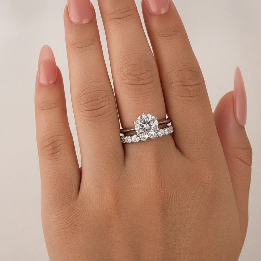Aurevyn Moissanite 2.0 Ct ~3.0 Ct Round Cut 6 Prong White Gold Engagement Ring with Round Cut White Gold Women's Wedding Band