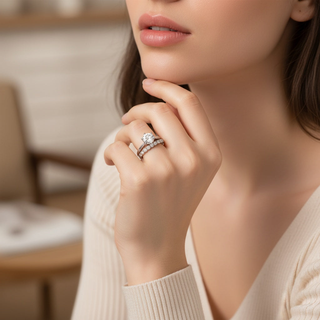 Aurevyn Moissanite 2.0 Ct ~3.0 Ct Round Cut 6 Prong White Gold Engagement Ring with Round Cut White Gold Women's Wedding Band