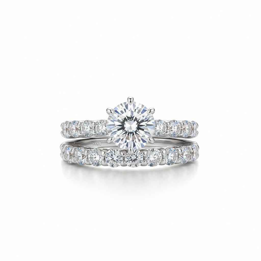 Aurevyn Moissanite 2.0 Ct 6 Prong Round Cut White Gold Engagement Ring with Seven Stone Low Dome Basket Anniversary Ring