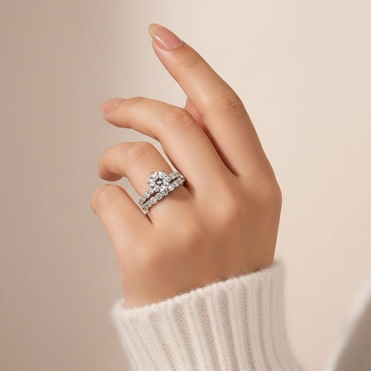 Aurevyn Moissanite 2.0 Ct 6 Prong Round Cut White Gold Engagement Ring with Seven Stone Low Dome Basket Anniversary Ring