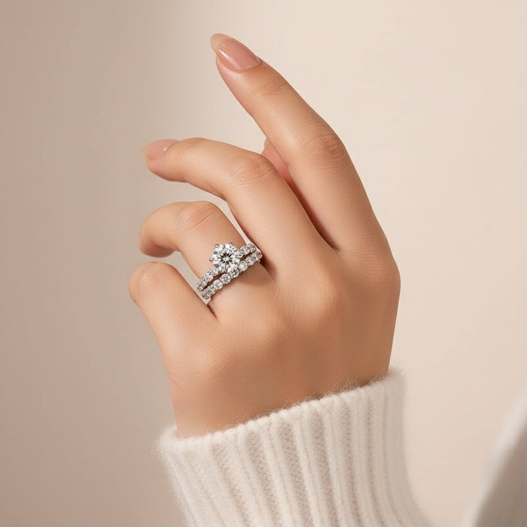 Aurevyn Moissanite 2.0 Ct 6 Prong Round Cut White Gold Engagement Ring with Seven Stone Low Dome Basket Anniversary Ring