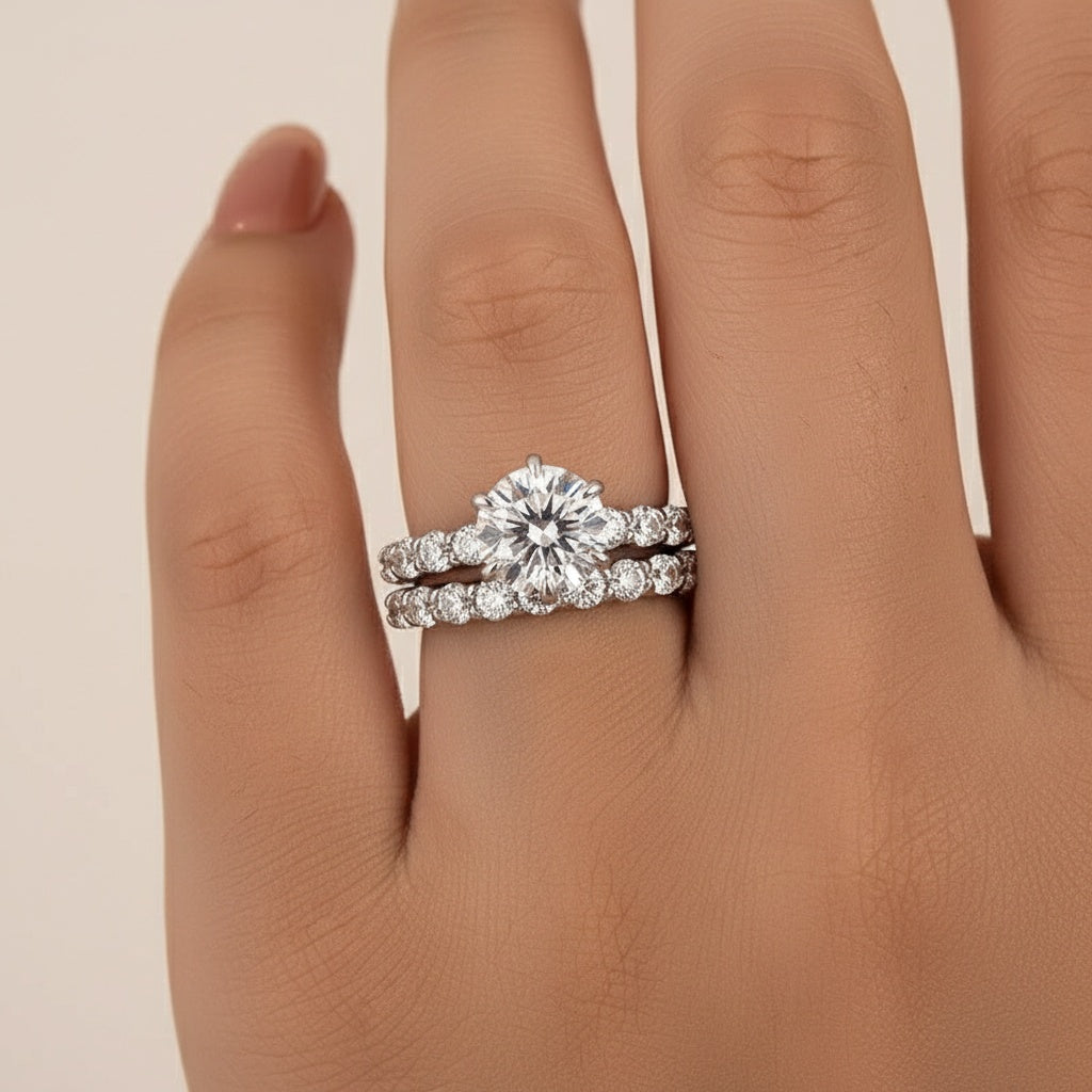Aurevyn Moissanite 2.0 Ct 6 Prong Round Cut White Gold Engagement Ring with Seven Stone Low Dome Basket Anniversary Ring