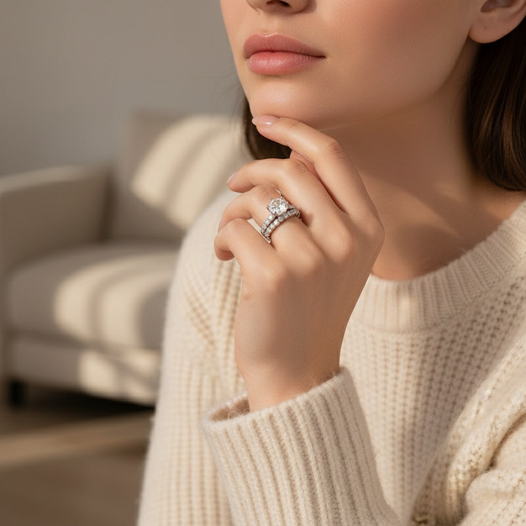 Aurevyn Moissanite 2.0 Ct 6 Prong Round Cut White Gold Engagement Ring with Seven Stone Low Dome Basket Anniversary Ring