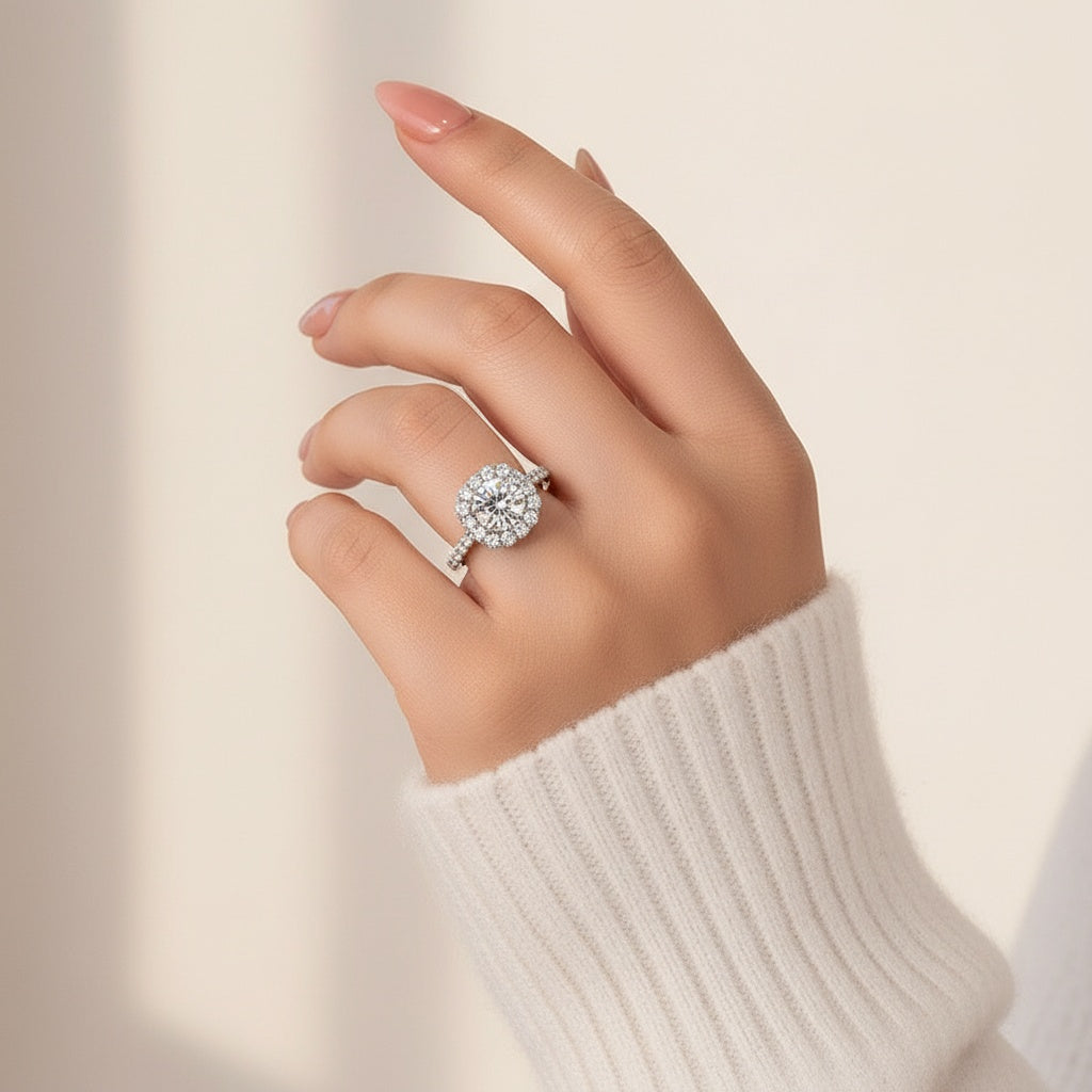 Aurevyn Moissanite 2.0 Ct Halo Round Cut White Gold Engagement Ring