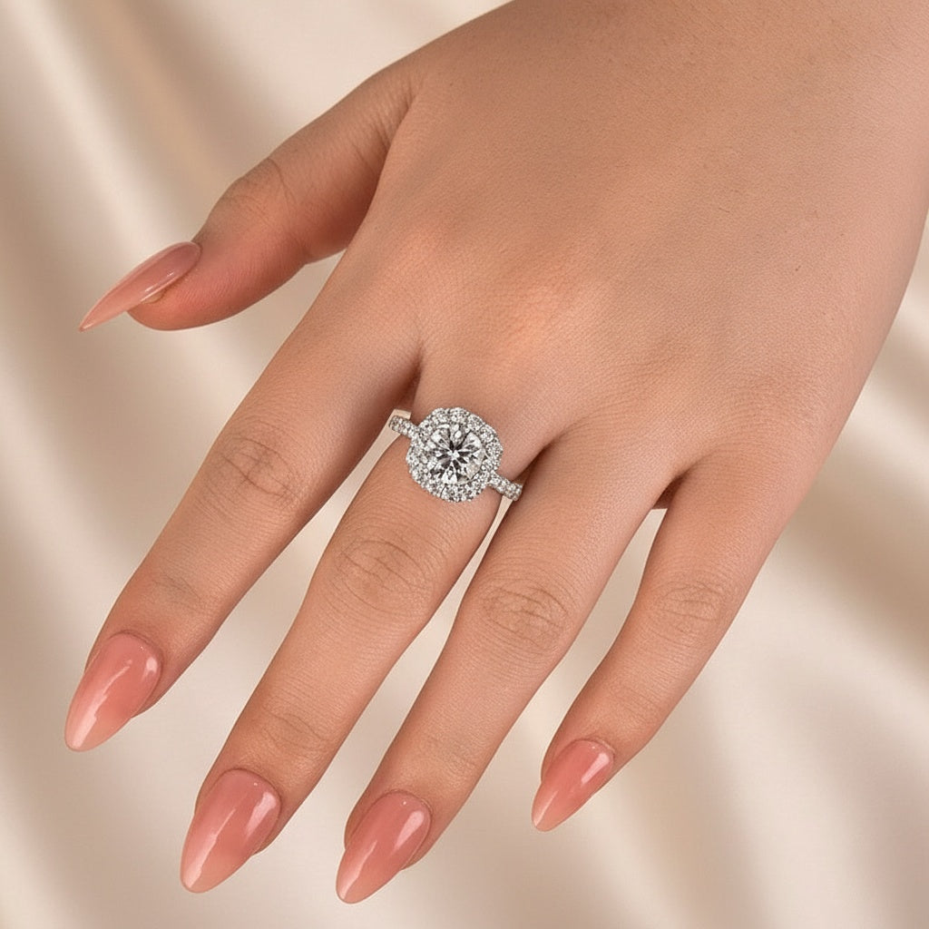 Aurevyn Moissanite 2.0 Ct Halo Round Cut White Gold Engagement Ring