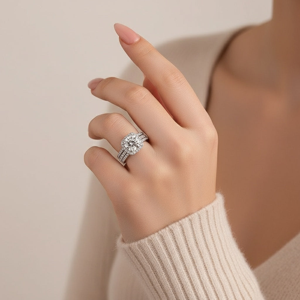 Aurevyn Moissanite 2.0 Ct Halo Round Cut White Gold Promise Ring with Full Eternity Thin Wedding Band