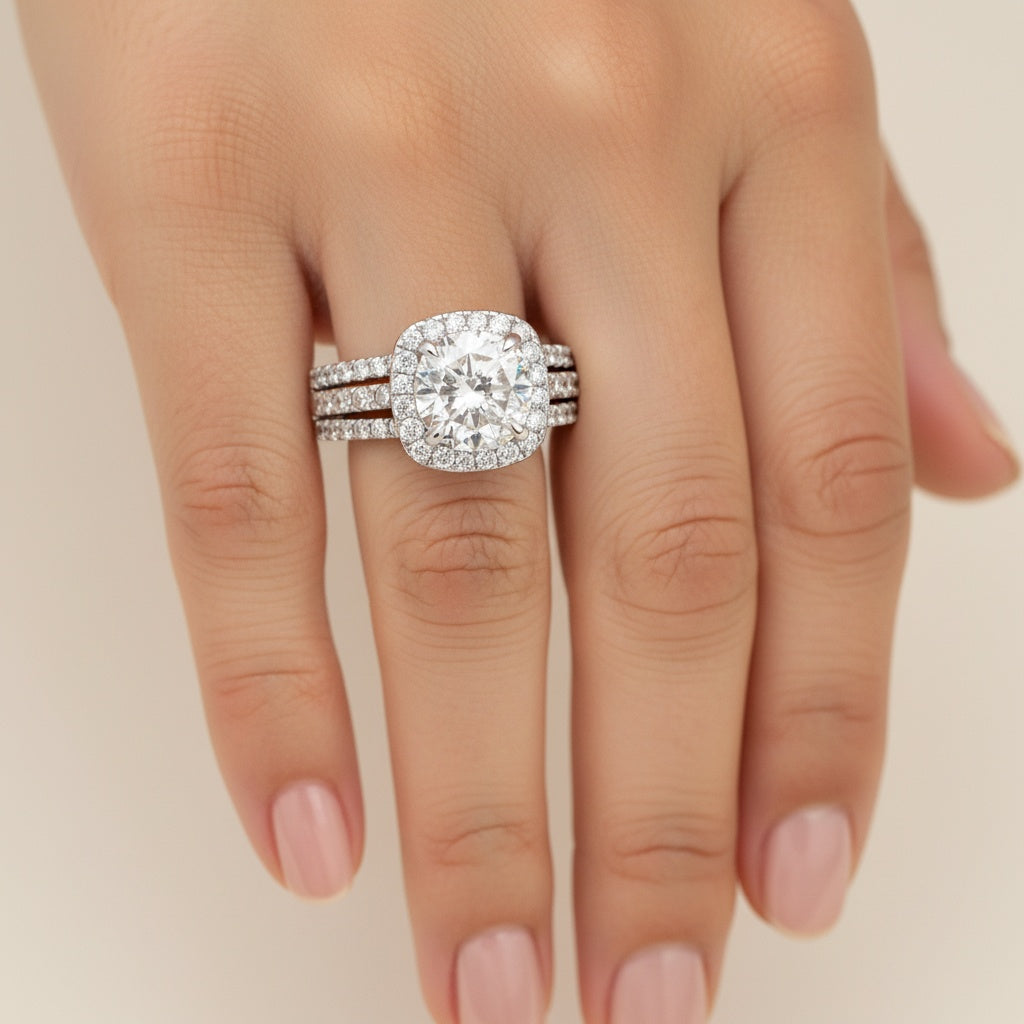 Aurevyn Moissanite 2.0 Ct Halo Round Cut White Gold Promise Ring with Full Eternity Thin Wedding Band
