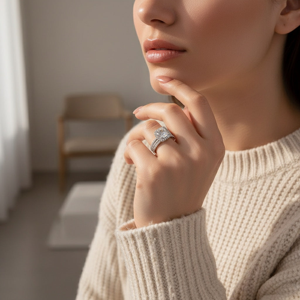 Aurevyn Moissanite 2.0 Ct Halo Round Cut White Gold Promise Ring with Full Eternity Thin Wedding Band