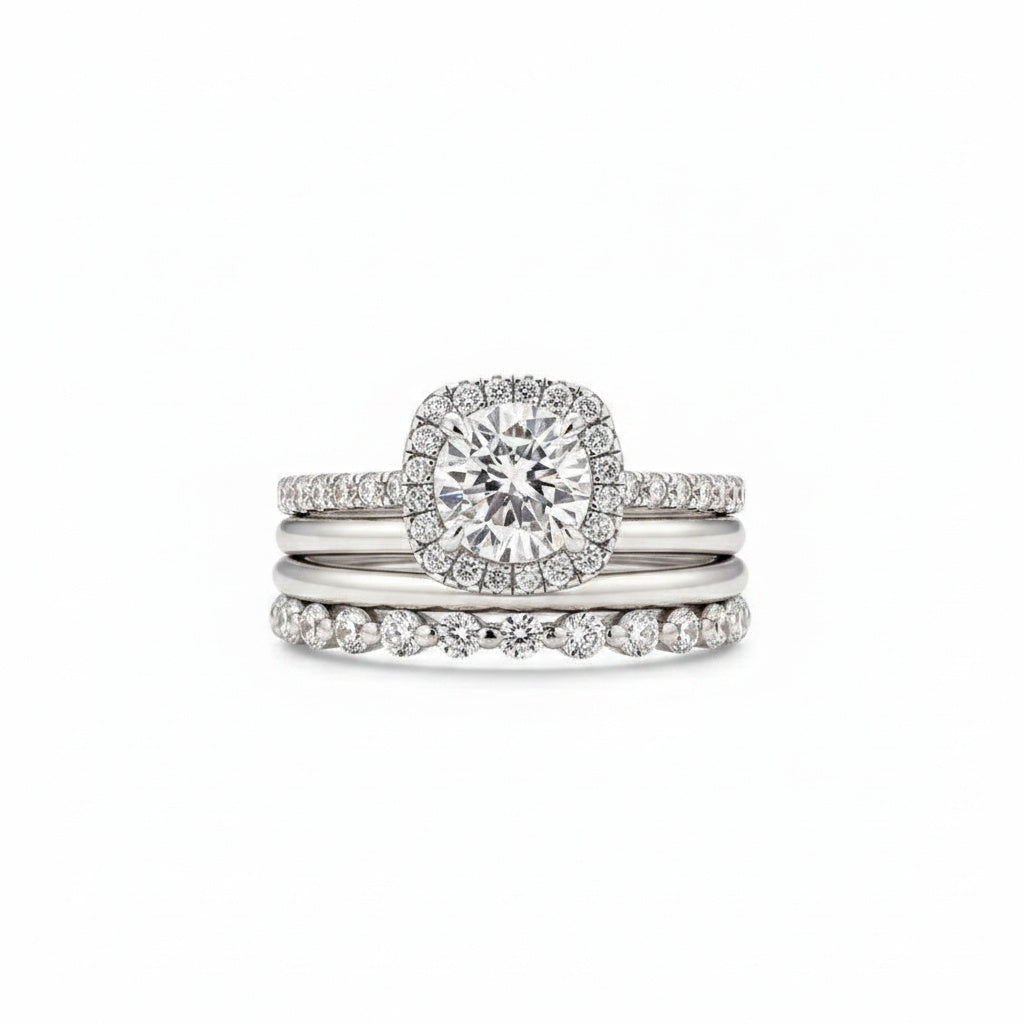 Aurevyn Moissanite 2.0 Ct Halo Round Cut White Gold Wedding Ring Set