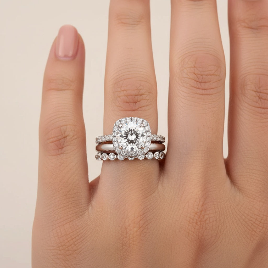 Aurevyn Moissanite 2.0 Ct Halo Round Cut White Gold Wedding Ring Set