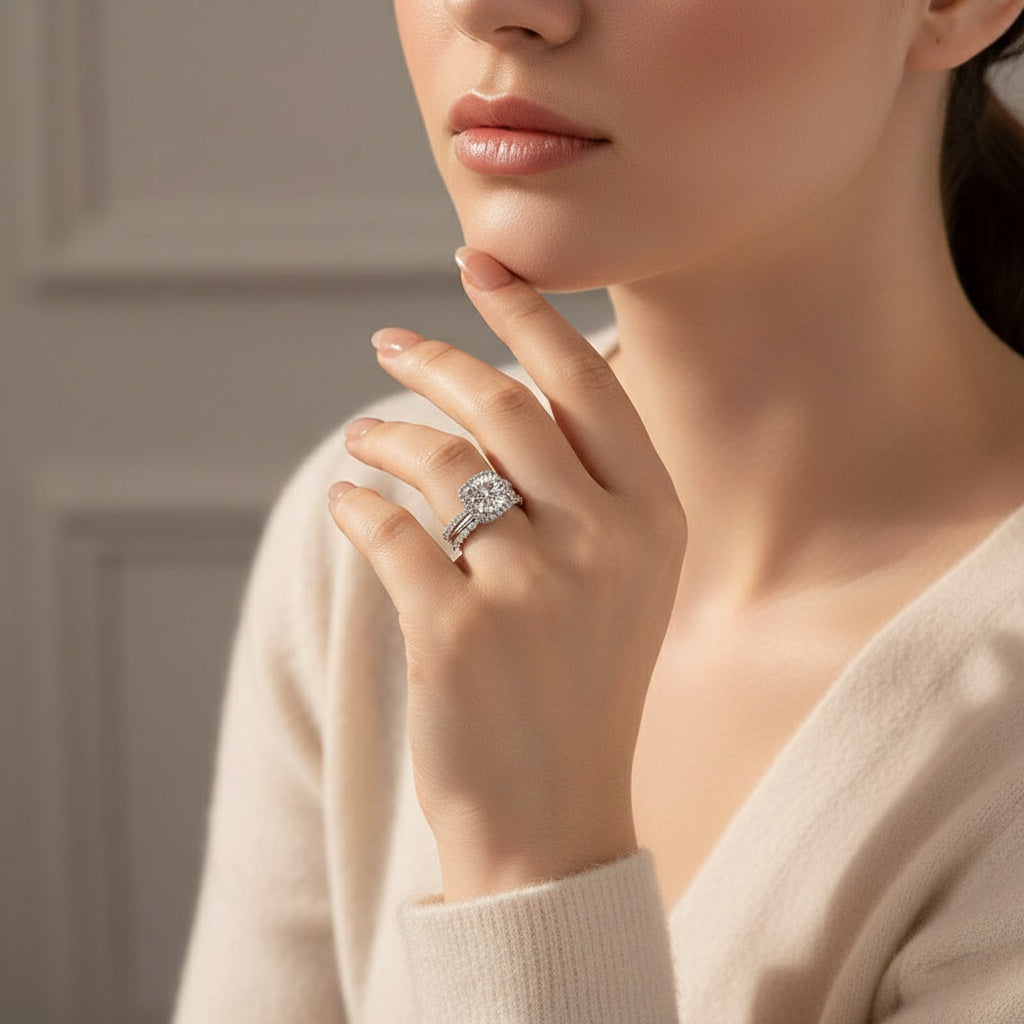 Aurevyn Moissanite 2.0 Ct Halo Round Cut White Gold Wedding Ring Set