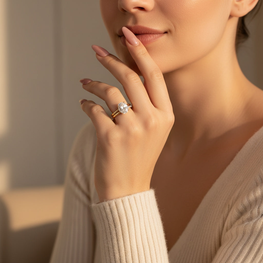 Aurevyn Moissanite 2.0 Ct Hidden Halo Solitaire Oval Cut Yellow Gold Wedding Ring
