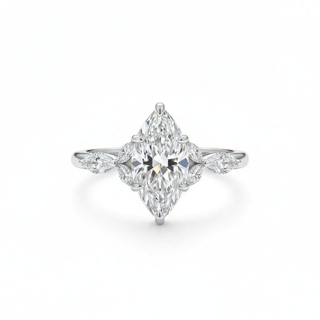 Aurevyn Moissanite 2.0 Ct Marquise Cut Side Stone White Gold Engagement Ring