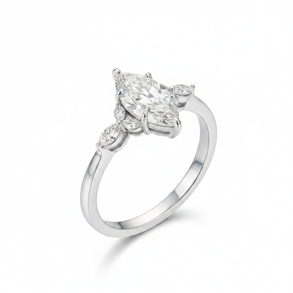 Aurevyn Moissanite 2.0 Ct Marquise Cut Side Stone White Gold Engagement Ring