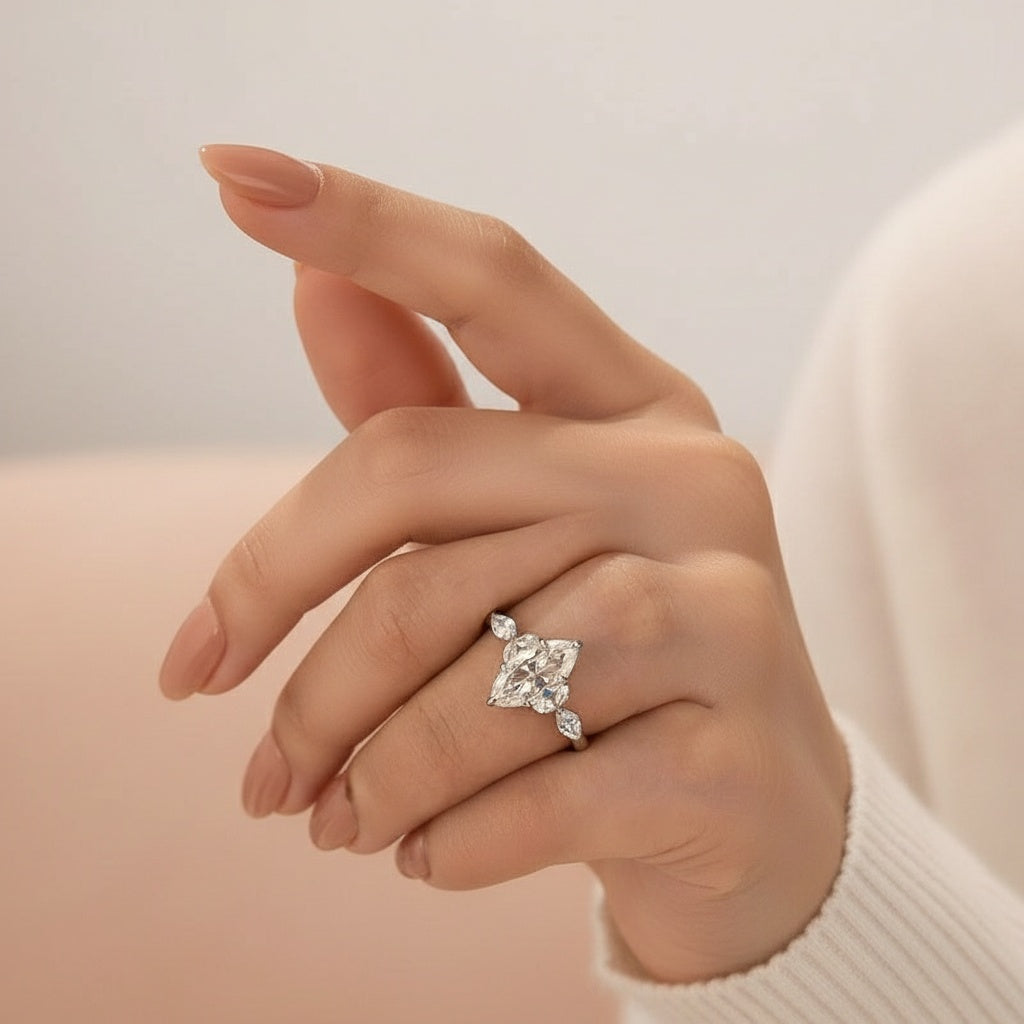 Aurevyn Moissanite 2.0 Ct Marquise Cut Side Stone White Gold Engagement Ring