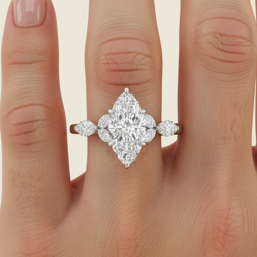 Aurevyn Moissanite 2.0 Ct Marquise Cut Side Stone White Gold Engagement Ring
