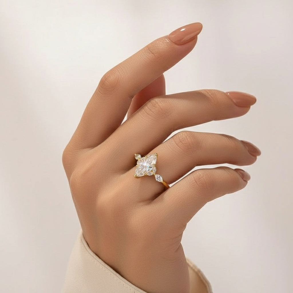 Aurevyn Moissanite 2.0 Ct Marquise Cut Side Stone Yellow Gold Engagement Ring