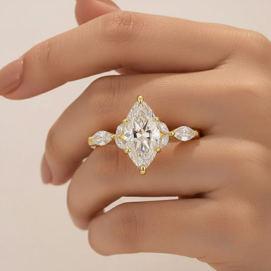 Aurevyn Moissanite 2.0 Ct Marquise Cut Side Stone Yellow Gold Engagement Ring