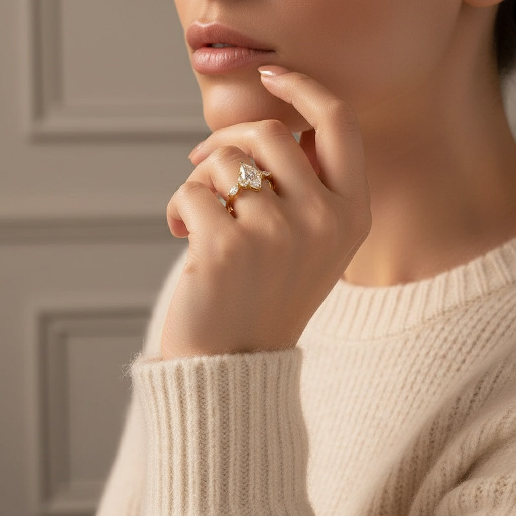 Aurevyn Moissanite 2.0 Ct Marquise Cut Side Stone Yellow Gold Engagement Ring