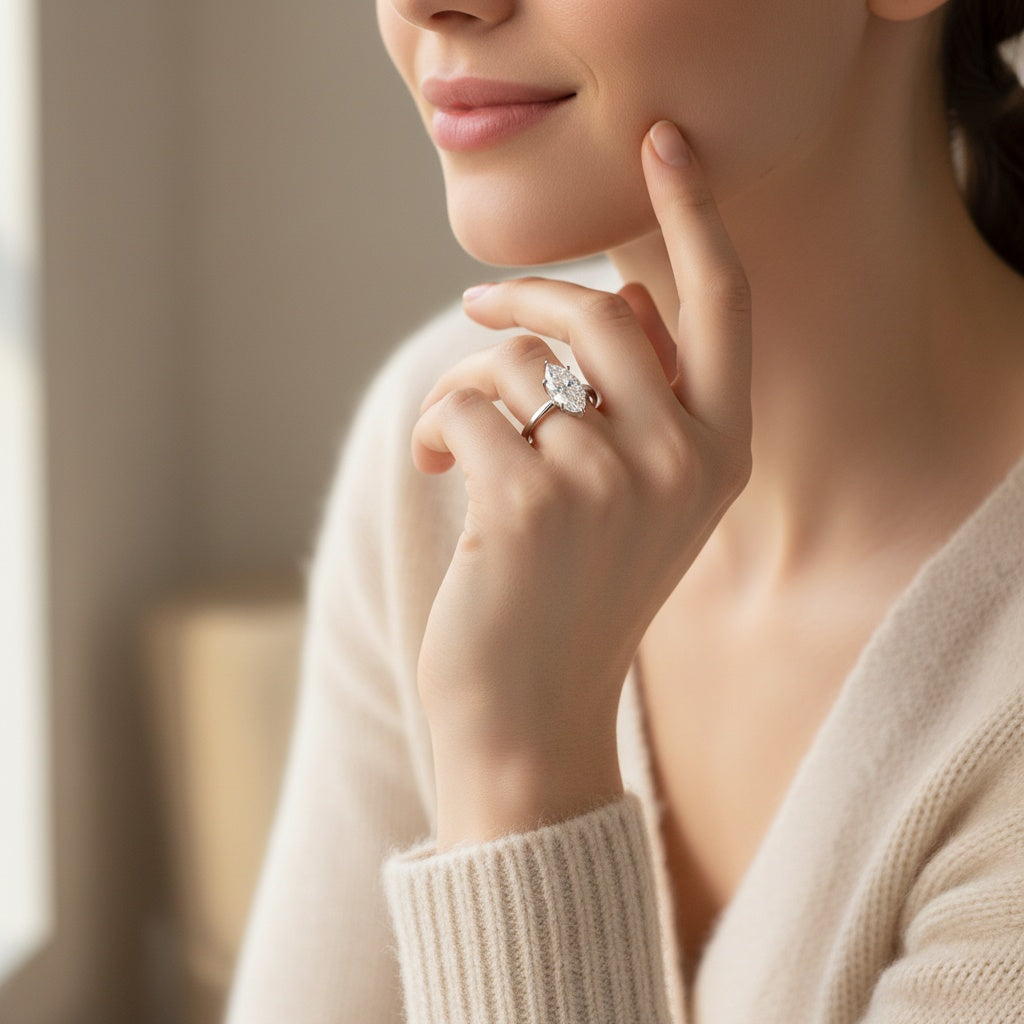 Aurevyn Moissanite 2.0 Ct Marquise Cut Solitaire White Gold Engagement Ring with Round & Marquise Accents Bands
