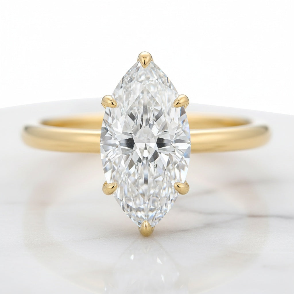 Aurevyn Moissanite 2.0 Ct Marquise Cut Solitaire Yellow Gold Promise Ring with Half Round Cut Anniversary Ring