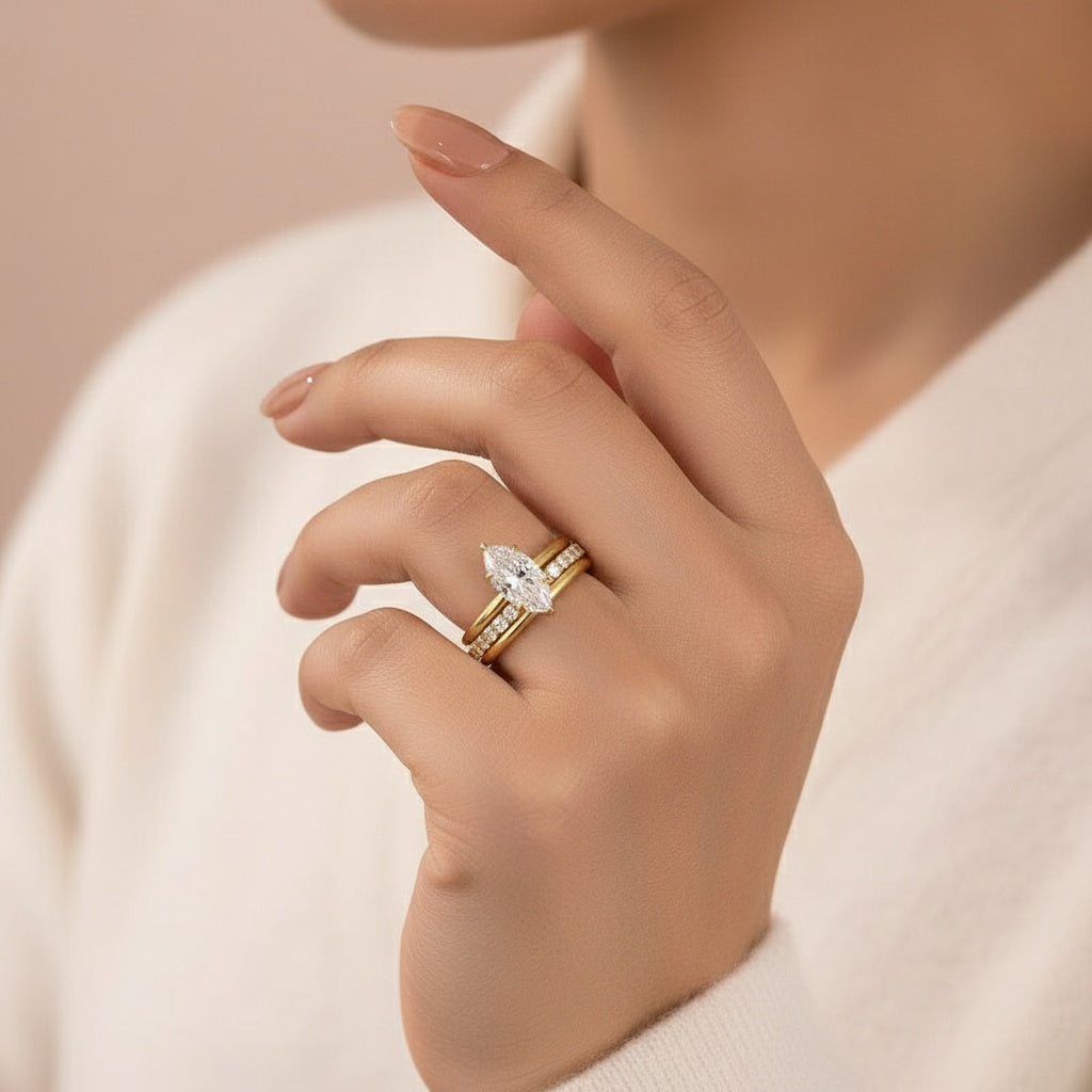 Aurevyn Moissanite 2.0 Ct Marquise Cut Solitaire Yellow Gold Promise Ring with Half Round Cut Anniversary Ring